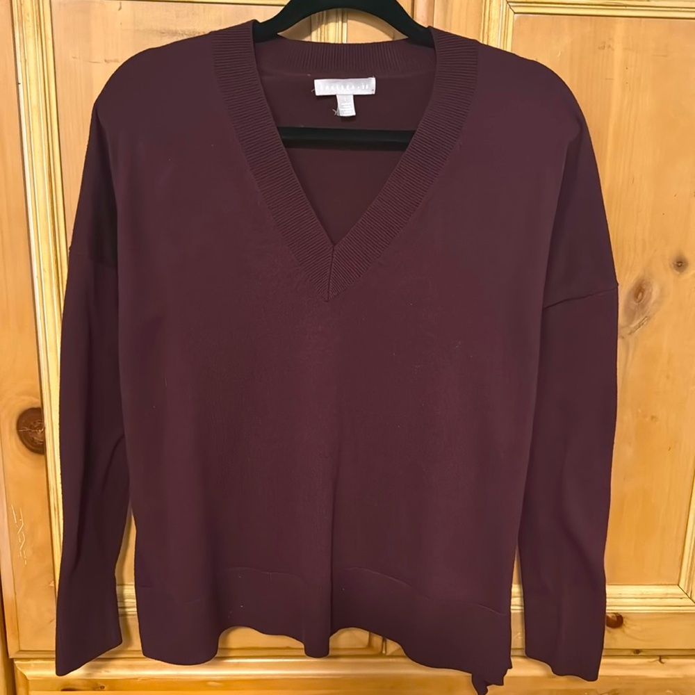 Oversized v-neck High/Low Sweater. Color: “Burgundy Stem”